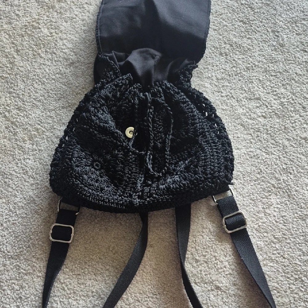 Black Crochet Backpack - Women's Casual Shoulder Bag